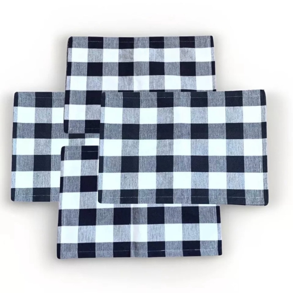 Buffalo Check Plaid Placemats Black and White Heavy Woven Cotton Set of 4 NEW